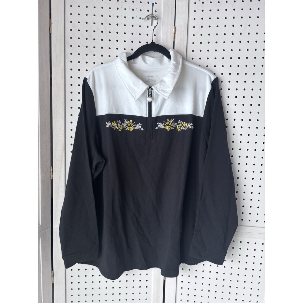 Sport Savvy Women's XL Black White Floral 1/4 Zip Fleece Sweatshirt Pockets